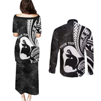 Mother's Day Couples Matching Puletasi and Long Sleeve Button Shirt Polynesia Vintage Hibiscus - Black