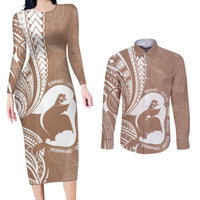 Mother's Day Couples Matching Long Sleeve Bodycon Dress and Long Sleeve Button Shirt Polynesia Vintage Hibiscus - Brown