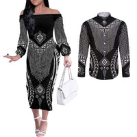 2025 Rugby Championship New Zealand Custom Couples Matching Off The Shoulder Long Sleeve Dress and Long Sleeve Button Shirt Poutama Motifs LT7 Black - Polynesian Pride