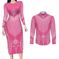 2025 Rugby Championship New Zealand Custom Couples Matching Long Sleeve Bodycon Dress and Long Sleeve Button Shirt Poutama Motifs - Pink Out LT7 Pink - Polynesian Pride