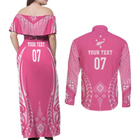 2025 Rugby Championship New Zealand Custom Couples Matching Off Shoulder Maxi Dress and Long Sleeve Button Shirt Poutama Motifs - Pink Out LT7 - Polynesian Pride