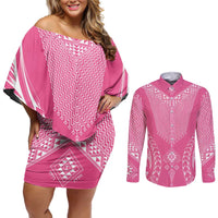 2025 Rugby Championship New Zealand Custom Couples Matching Off Shoulder Short Dress and Long Sleeve Button Shirt Poutama Motifs - Pink Out LT7 Pink - Polynesian Pride