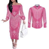 2025 Rugby Championship New Zealand Custom Couples Matching Off The Shoulder Long Sleeve Dress and Long Sleeve Button Shirt Poutama Motifs - Pink Out LT7 Pink - Polynesian Pride