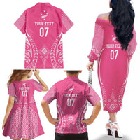 2025 Rugby Championship New Zealand Custom Family Matching Off The Shoulder Long Sleeve Dress and Hawaiian Shirt Poutama Motifs - Pink Out LT7 - Polynesian Pride