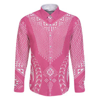 2025 Rugby Championship New Zealand Custom Family Matching Puletasi and Hawaiian Shirt Poutama Motifs - Pink Out LT7 Dad's Shirt - Long Sleeve Pink - Polynesian Pride