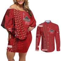 Samoa FAST Siapo Couples Matching Off Shoulder Short Dress and Long Sleeve Button Shirt Tatau-Ulafala Vines - Polynesian Pride