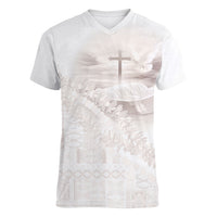 Samoa Lotu Tamaiti White Prayers Women V-Neck T-Shirt Floral Mamanu Siapo LT7 Female White - Polynesian Pride