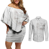 Tonga White Sunday Fakame Couples Matching Off Shoulder Short Dress and Long Sleeve Button Shirt Tokelaufeletoa Kupesi LT7 White - Polynesian Pride