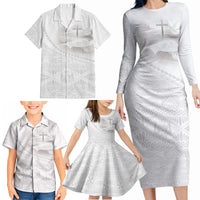 Tonga White Sunday Fakame Family Matching Long Sleeve Bodycon Dress and Hawaiian Shirt Tokelaufeletoa Kupesi LT7 - Polynesian Pride