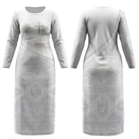 Tonga White Sunday Fakame Family Matching Long Sleeve Bodycon Dress and Hawaiian Shirt Tokelaufeletoa Kupesi LT7 Mom's Dress White - Polynesian Pride