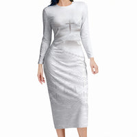 Tonga White Sunday Fakame Long Sleeve Bodycon Dress Tokelaufeletoa Kupesi LT7 Long Dress White - Polynesian Pride