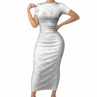 Tonga White Sunday Fakame Short Sleeve Bodycon Dress Tokelaufeletoa Kupesi LT7 Long Dress White - Polynesian Pride