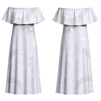 Niue White Sunday Tapu Fanau Couples Matching Off Shoulder Maxi Dress and Long Sleeve Button Shirt Fiti Pua Mix Hiapo Tapa