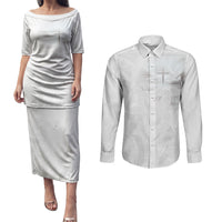 Niue White Sunday Tapu Fanau Couples Matching Puletasi and Long Sleeve Button Shirt Fiti Pua Mix Hiapo Tapa LT7 White - Polynesian Pride