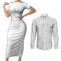 Niue White Sunday Tapu Fanau Couples Matching Short Sleeve Bodycon Dress and Long Sleeve Button Shirt Fiti Pua Mix Hiapo Tapa LT7 White - Polynesian Pride