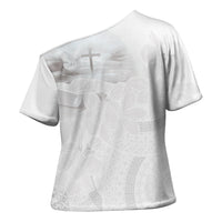 Niue White Sunday Tapu Fanau Cross Shoulder Shirt Fiti Pua Mix Hiapo Tapa LT7 - Polynesian Pride