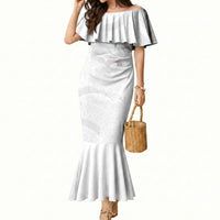 Niue White Sunday Tapu Fanau Mermaid Dress Fiti Pua Mix Hiapo Tapa LT7 Women White - Polynesian Pride