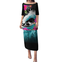 Hawaii Surfing Family Matching Puletasi Dress and Hawaiian Shirt Triple Crown Rides The Waves LT7 Mom's Dress Black - Polynesian Pride