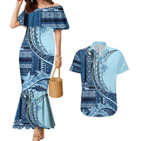 Samoa Siapo Mamanu Couples Matching Mermaid Dress and Hawaiian Shirt Plumeria Navy Blue Motifs