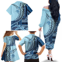 Samoa Siapo Mamanu Family Matching Off The Shoulder Long Sleeve Dress and Hawaiian Shirt Plumeria Navy Blue Motifs LT7 - Polynesian Pride