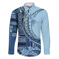 Samoa Siapo Mamanu Family Matching Off The Shoulder Long Sleeve Dress and Hawaiian Shirt Plumeria Navy Blue Motifs LT7 Dad's Shirt - Long Sleeve Blue - Polynesian Pride