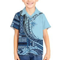 Samoa Siapo Mamanu Family Matching Off The Shoulder Long Sleeve Dress and Hawaiian Shirt Plumeria Navy Blue Motifs LT7 Son's Shirt Blue - Polynesian Pride