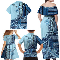 Samoa Siapo Mamanu Family Matching Off Shoulder Maxi Dress and Hawaiian Shirt Plumeria Navy Blue Motifs LT7 - Polynesian Pride