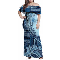 Samoa Siapo Mamanu Family Matching Off Shoulder Maxi Dress and Hawaiian Shirt Plumeria Navy Blue Motifs LT7 Mom's Dress Blue - Polynesian Pride