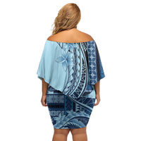 Samoa Siapo Mamanu Family Matching Off Shoulder Short Dress and Hawaiian Shirt Plumeria Navy Blue Motifs LT7 - Polynesian Pride