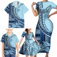 Samoa Siapo Mamanu Family Matching Short Sleeve Bodycon Dress and Hawaiian Shirt Plumeria Navy Blue Motifs LT7 - Polynesian Pride