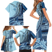 Samoa Siapo Mamanu Family Matching Short Sleeve Bodycon Dress and Hawaiian Shirt Plumeria Navy Blue Motifs LT7 - Polynesian Pride
