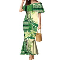 Samoa Siapo Mamanu Family Matching Mermaid Dress and Hawaiian Shirt Plumeria Emerald Motifs LT7 Mom's Dress Green - Polynesian Pride