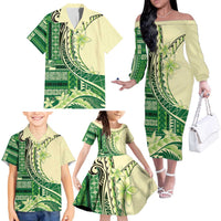 Samoa Siapo Mamanu Family Matching Off The Shoulder Long Sleeve Dress and Hawaiian Shirt Plumeria Emerald Motifs LT7 - Polynesian Pride