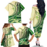 Samoa Siapo Mamanu Family Matching Off The Shoulder Long Sleeve Dress and Hawaiian Shirt Plumeria Emerald Motifs LT7 - Polynesian Pride