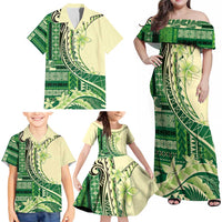 Samoa Siapo Mamanu Family Matching Off Shoulder Maxi Dress and Hawaiian Shirt Plumeria Emerald Motifs LT7 - Polynesian Pride