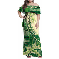 Samoa Siapo Mamanu Family Matching Off Shoulder Maxi Dress and Hawaiian Shirt Plumeria Emerald Motifs LT7 Mom's Dress Green - Polynesian Pride