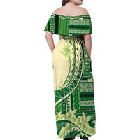 Samoa Siapo Mamanu Family Matching Off Shoulder Maxi Dress and Hawaiian Shirt Plumeria Emerald Motifs LT7 - Polynesian Pride