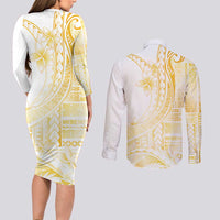 Samoa Siapo Mamanu Couples Matching Long Sleeve Bodycon Dress and Long Sleeve Button Shirt Plumeria Fancy Gold Motifs LT7 - Polynesian Pride