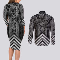 Aotearoa Taniko Pattern Couples Matching Long Sleeve Bodycon Dress and Long Sleeve Button Shirt Poutama Mix Kowhai Flowers
