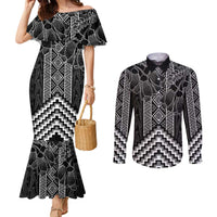 Aotearoa Taniko Pattern Couples Matching Mermaid Dress and Long Sleeve Button Shirt Poutama Mix Kowhai Flowers