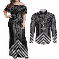 Aotearoa Taniko Pattern Couples Matching Off Shoulder Maxi Dress and Long Sleeve Button Shirt Poutama Mix Kowhai Flowers