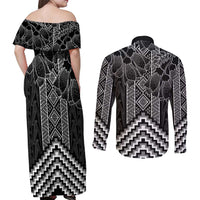 Aotearoa Taniko Pattern Couples Matching Off Shoulder Maxi Dress and Long Sleeve Button Shirt Poutama Mix Kowhai Flowers