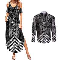 Aotearoa Taniko Pattern Couples Matching Summer Maxi Dress and Long Sleeve Button Shirt Poutama Mix Kowhai Flowers