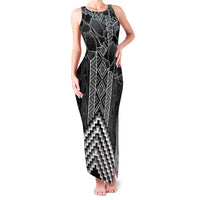 Aotearoa Taniko Pattern Family Matching Tank Maxi Dress and Hawaiian Shirt Poutama Mix Kowhai Flowers LT7 Mom's Dress Grey - Polynesian Pride