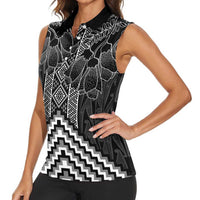 Aotearoa Taniko Pattern Women Sleeveless Polo Shirt Poutama Mix Kowhai Flowers