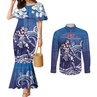 Samoa Manuia le Aso Tuto'atasi Siapo Motif Couples Matching Mermaid Dress and Long Sleeve Button Shirt Warrior with Nifo Oti LT7 Blue - Polynesian Pride