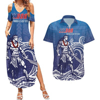 Samoa Manuia le Aso Tuto'atasi Siapo Motif Couples Matching Summer Maxi Dress and Hawaiian Shirt Warrior with Nifo Oti LT7 Blue - Polynesian Pride