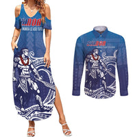 Samoa Manuia le Aso Tuto'atasi Siapo Motif Couples Matching Summer Maxi Dress and Long Sleeve Button Shirt Warrior with Nifo Oti LT7 Blue - Polynesian Pride