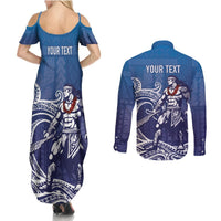 Samoa Manuia le Aso Tuto'atasi Siapo Motif Couples Matching Summer Maxi Dress and Long Sleeve Button Shirt Warrior with Nifo Oti LT7 - Polynesian Pride