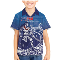 Samoa Manuia le Aso Tuto'atasi Siapo Motif Family Matching Mermaid Dress and Hawaiian Shirt Warrior with Nifo Oti LT7 Son's Shirt Blue - Polynesian Pride
